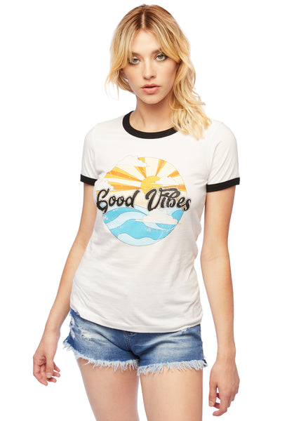 Retro Good Vibes Damen Kurzarm T-Shirt mit Kontrast-Bündchen